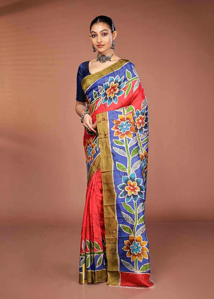 Red Printed Pure Silk Saree Without Blouse Piece