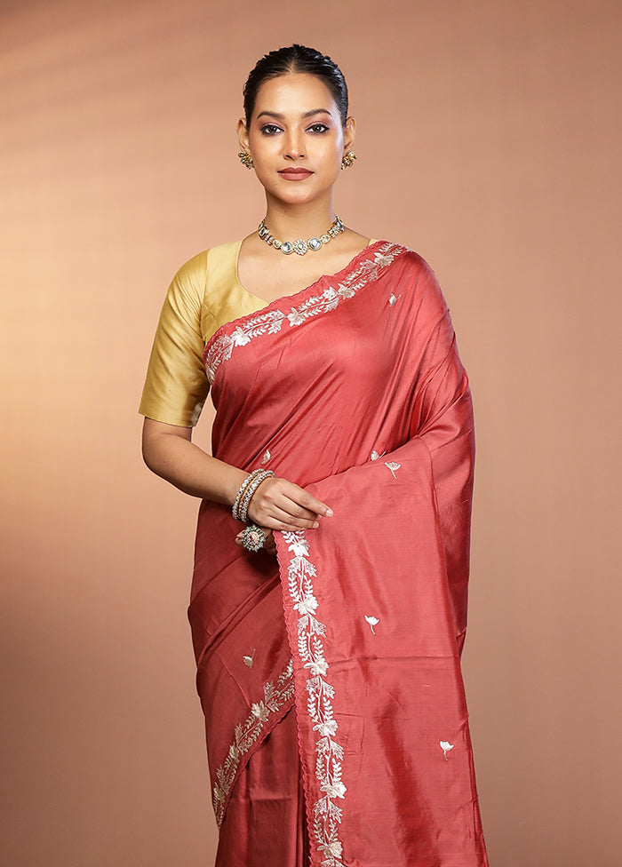 Rust Handloom Printed Pure Silk Saree Without Blouse Piece