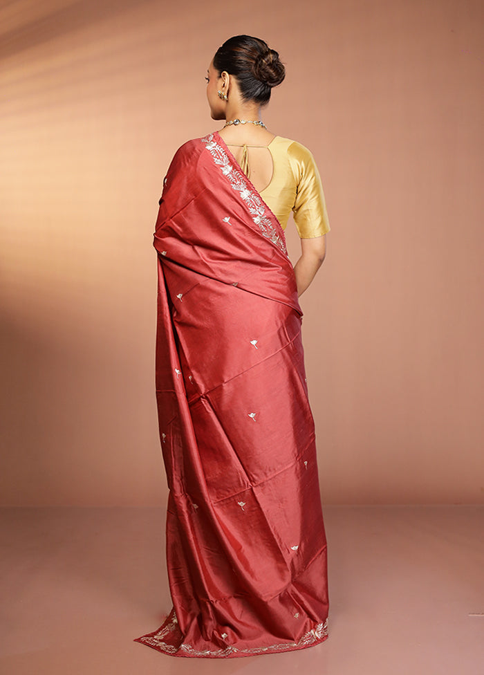 Rust Handloom Printed Pure Silk Saree Without Blouse Piece