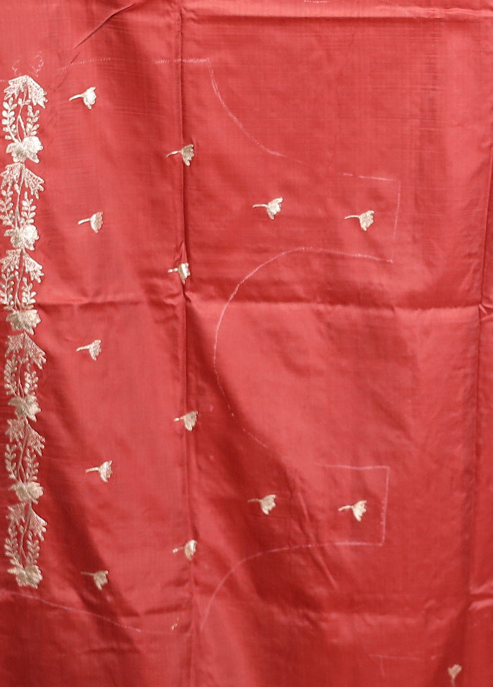Rust Handloom Printed Pure Silk Saree Without Blouse Piece