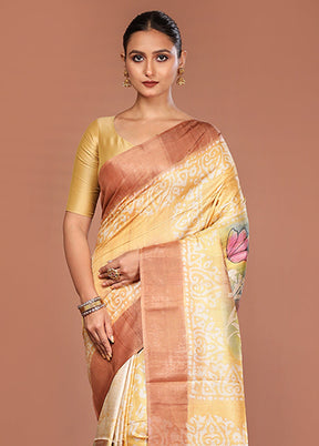 Yellow Handloom Tussar Pure Silk Saree With Blouse Piece