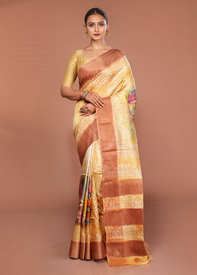 Yellow Handloom Tussar Pure Silk Saree With Blouse Piece