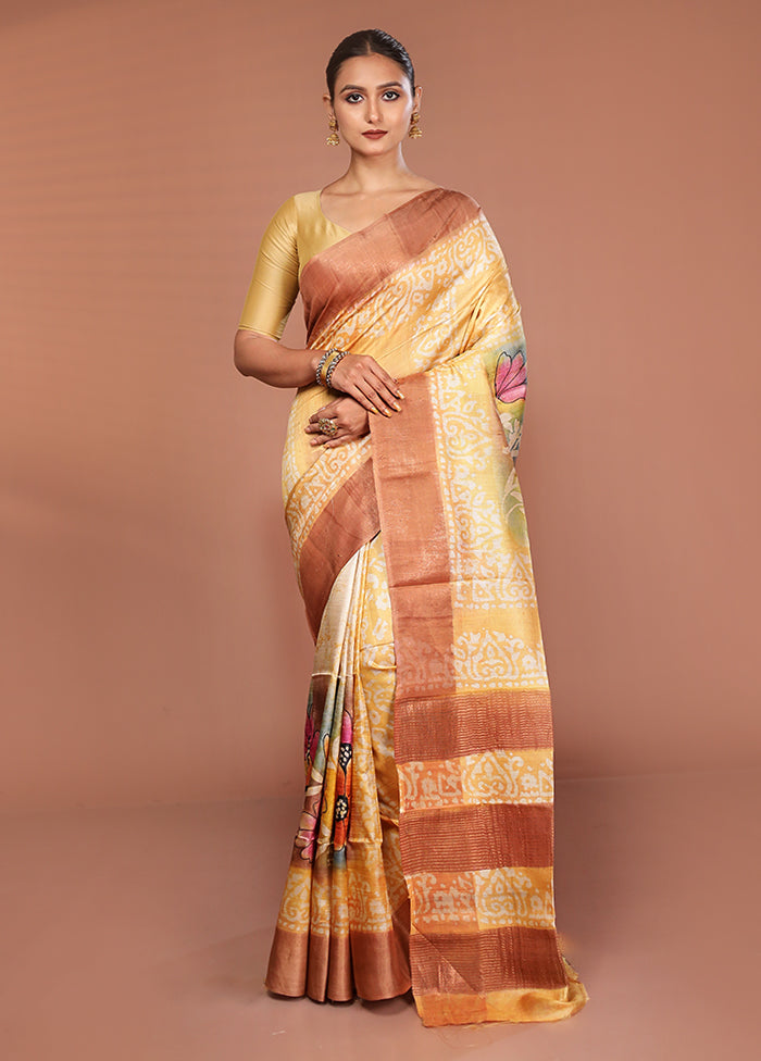 Yellow Handloom Tussar Pure Silk Saree With Blouse Piece