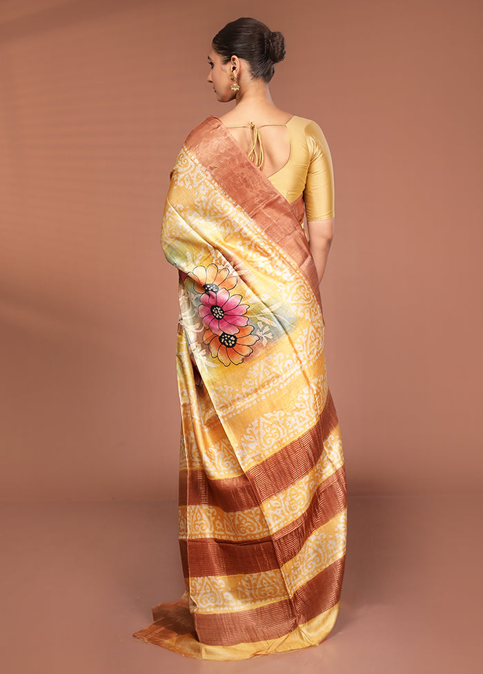 Yellow Handloom Tussar Pure Silk Saree With Blouse Piece