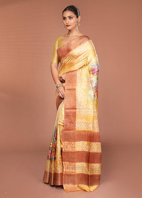 Yellow Handloom Tussar Pure Silk Saree With Blouse Piece