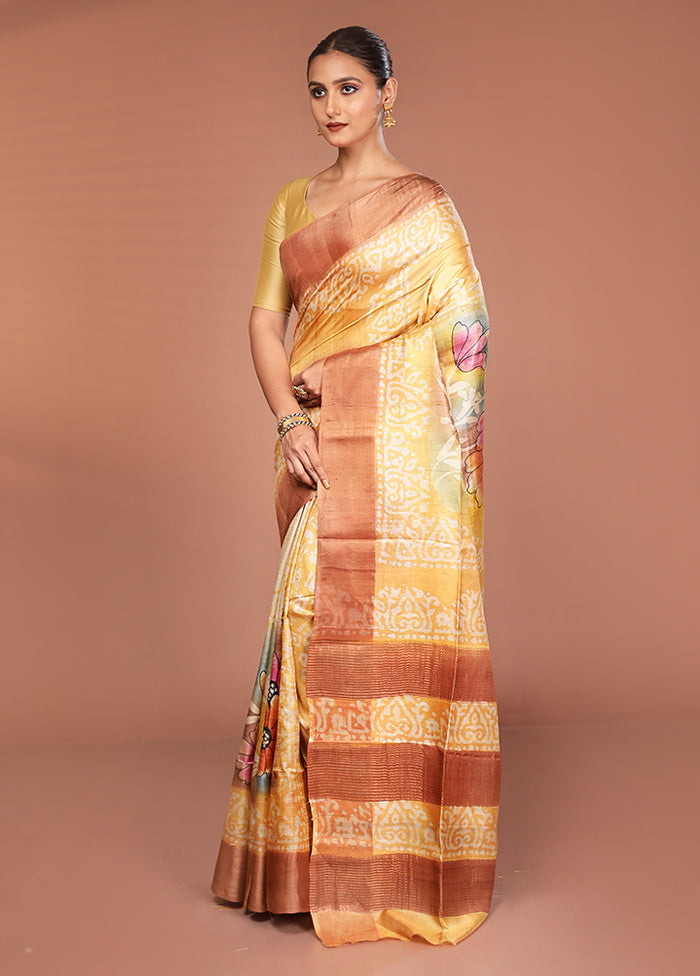 Yellow Handloom Tussar Pure Silk Saree With Blouse Piece