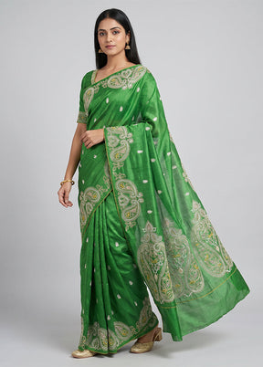 Green Handloom Tussar Pure Silk Saree With Blouse Piece