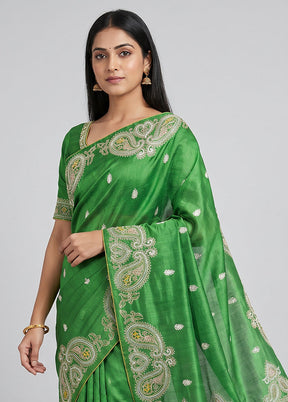Green Handloom Tussar Pure Silk Saree With Blouse Piece