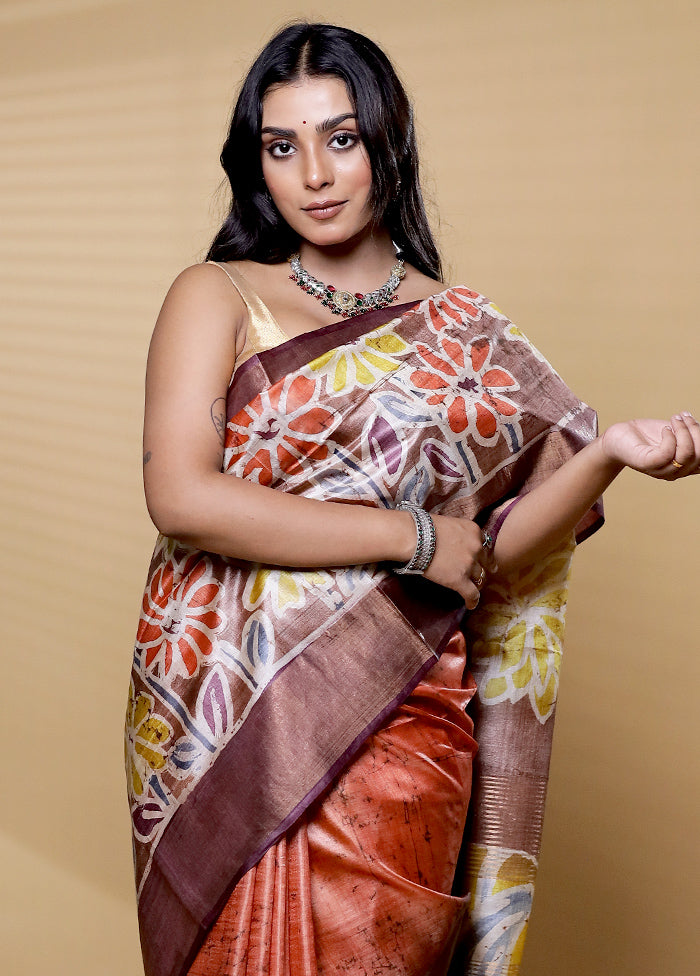 Brown Handloom Tussar Pure Silk Saree With Blouse Piece