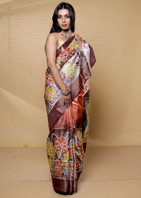 Brown Handloom Tussar Pure Silk Saree With Blouse Piece