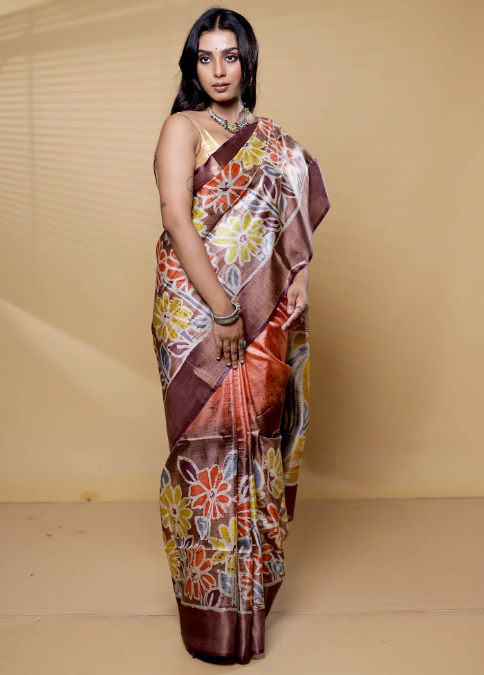 Brown Handloom Tussar Pure Silk Saree With Blouse Piece