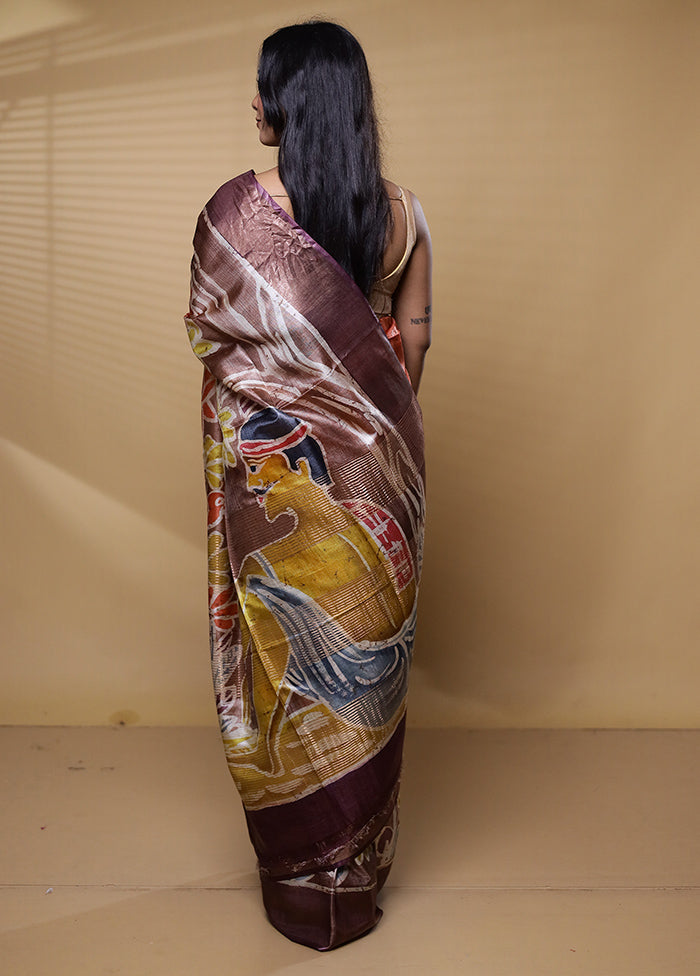 Brown Handloom Tussar Pure Silk Saree With Blouse Piece