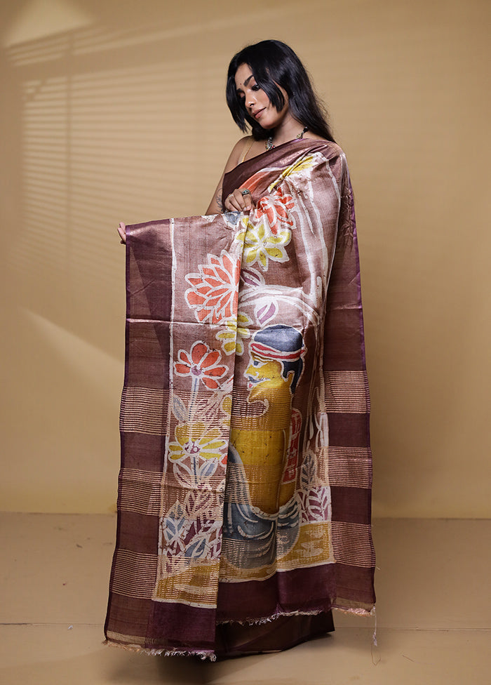 Brown Handloom Tussar Pure Silk Saree With Blouse Piece