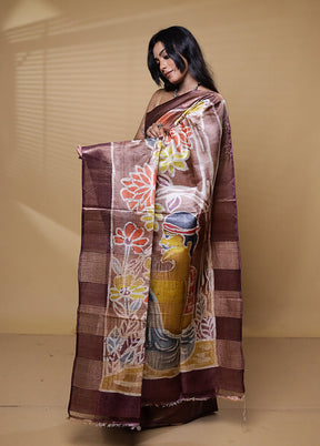 Brown Handloom Tussar Pure Silk Saree With Blouse Piece
