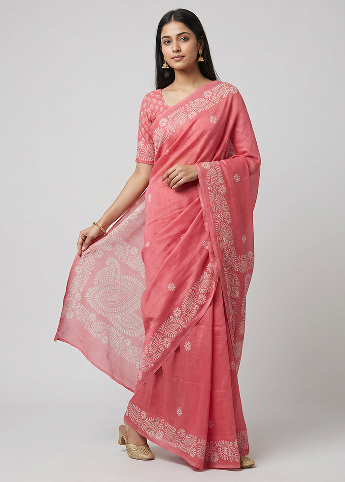 Pink Printed Silk Saree Without Blouse Piece