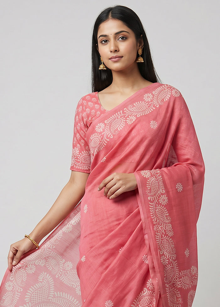 Pink Printed Silk Saree Without Blouse Piece