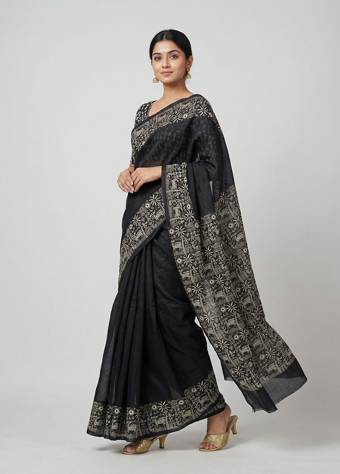 Black Printed Silk Saree Without Blouse Piece