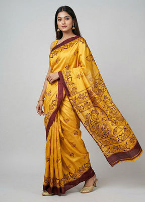 Yellow Printed Silk Saree Without Blouse Piece