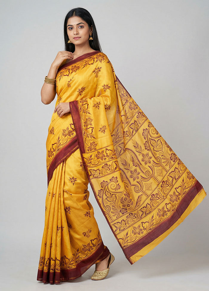 Yellow Printed Silk Saree Without Blouse Piece