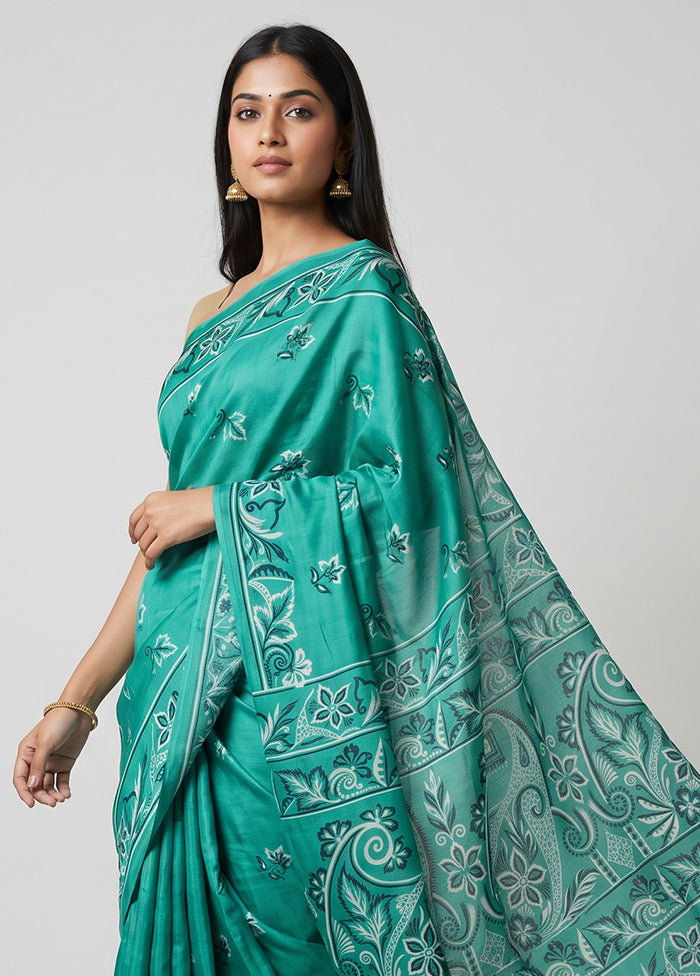 Green Printed Silk Saree Without Blouse Piece