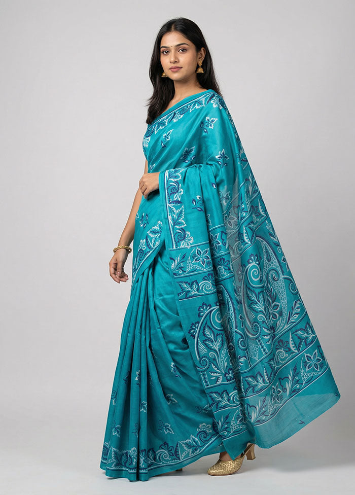 Green Printed Silk Saree Without Blouse Piece
