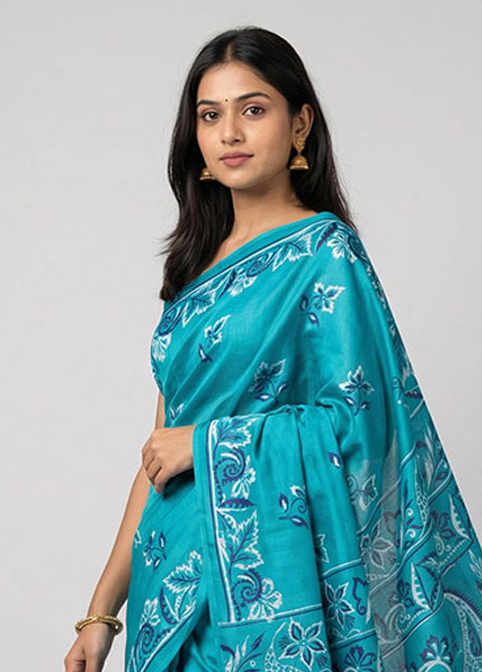Green Printed Silk Saree Without Blouse Piece