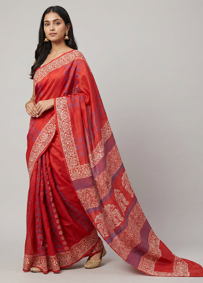 Red Printed Silk Saree Without Blouse Piece