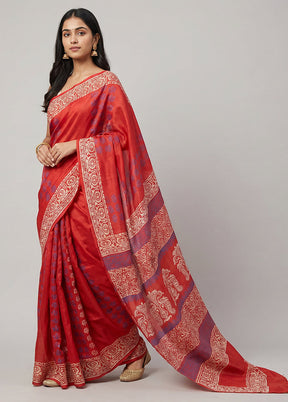 Red Printed Silk Saree Without Blouse Piece