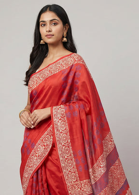 Red Printed Silk Saree Without Blouse Piece