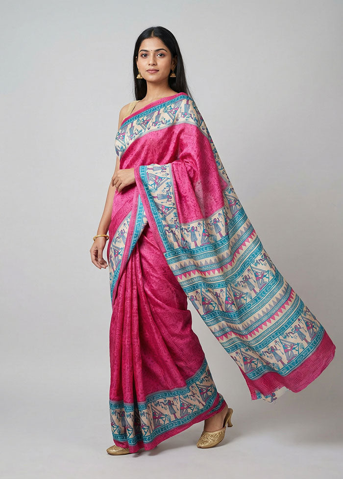 Pink Printed Silk Saree Without Blouse Piece