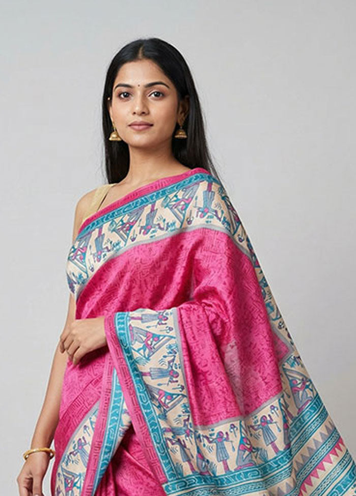 Pink Printed Silk Saree Without Blouse Piece