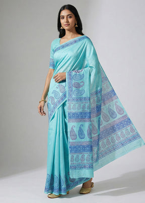 Blue Printed Silk Saree Without Blouse Piece