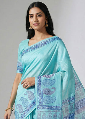 Blue Printed Silk Saree Without Blouse Piece