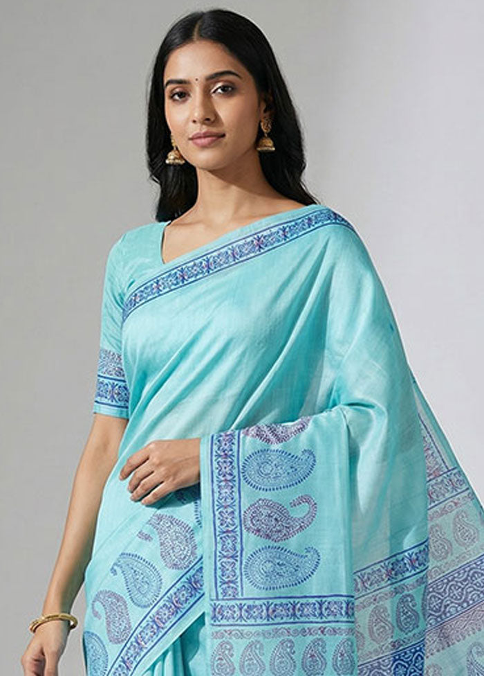 Blue Printed Silk Saree Without Blouse Piece