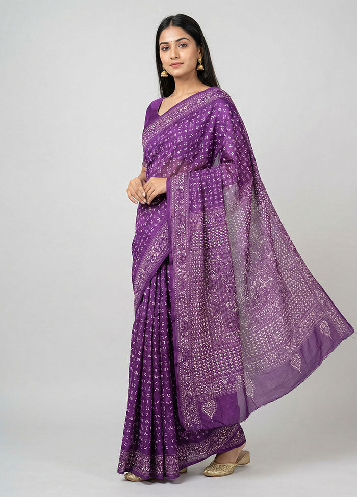 Purple Handloom Kantha Stitch Pure Silk Saree With Blouse Piece