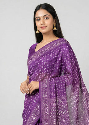 Purple Handloom Kantha Stitch Pure Silk Saree With Blouse Piece