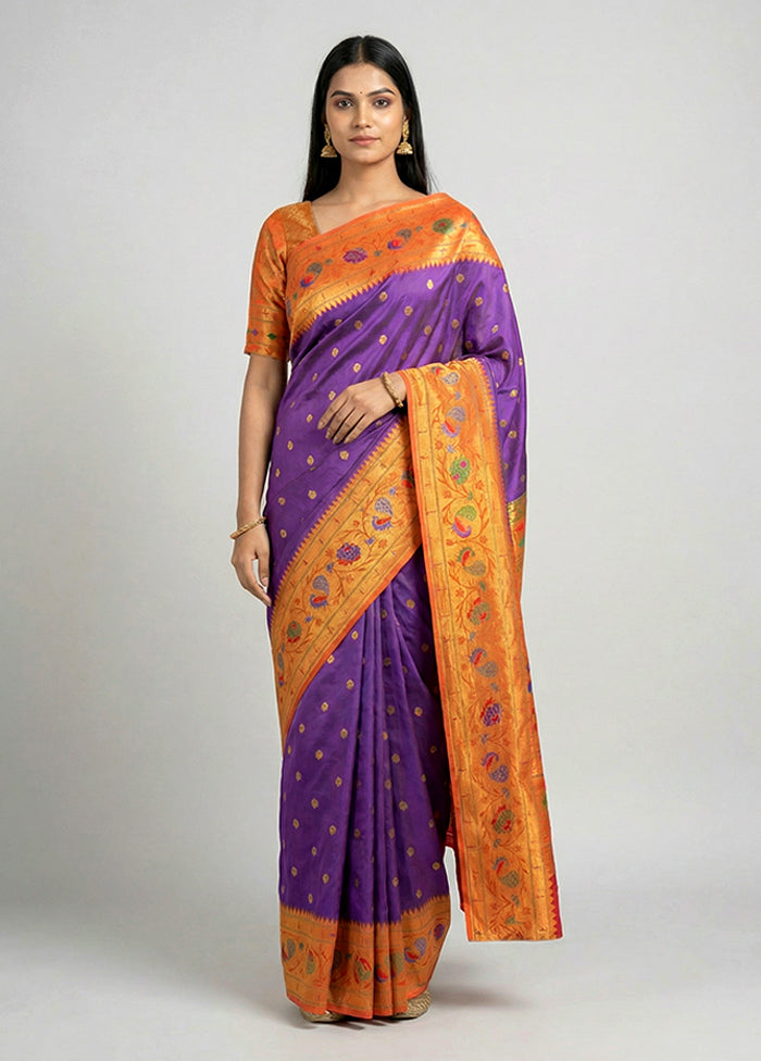 Purple Handloom Kanchipuram Pure Silk Saree With Blouse Piece