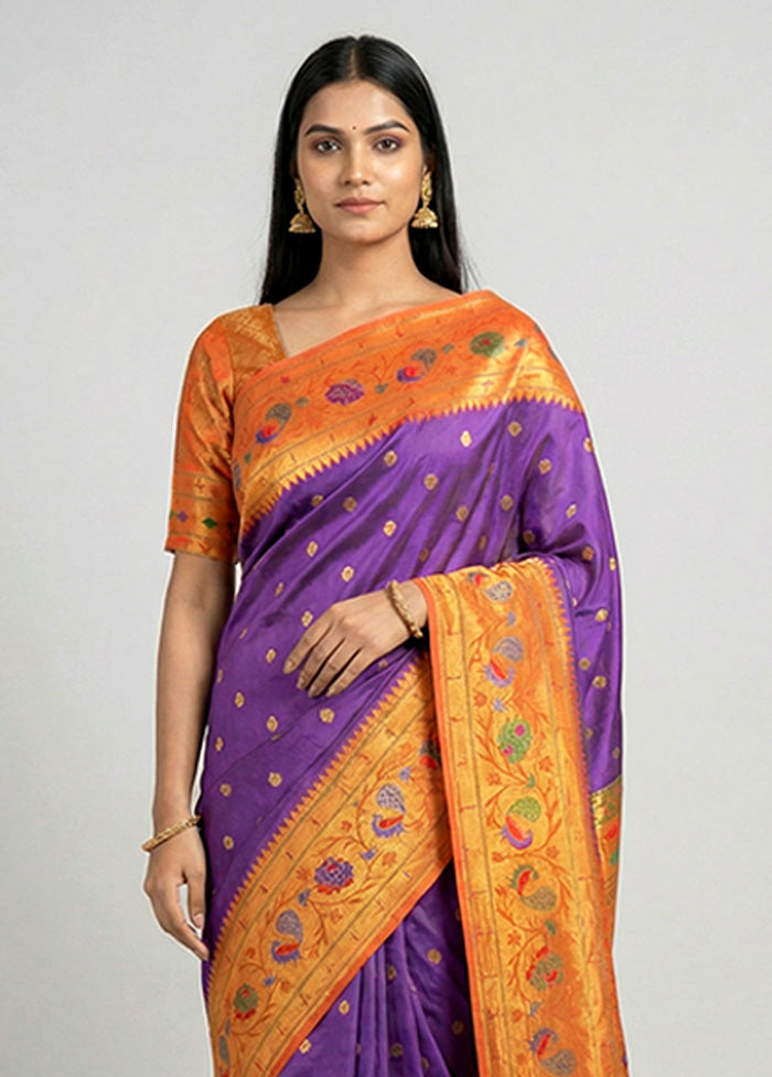 Purple Handloom Kanchipuram Pure Silk Saree With Blouse Piece