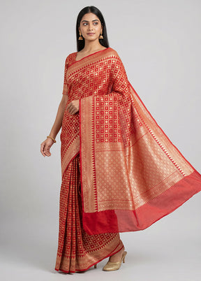 Red Handloom Pure Georgette Saree With Blouse Piece