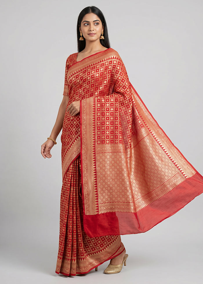 Red Handloom Pure Georgette Saree With Blouse Piece