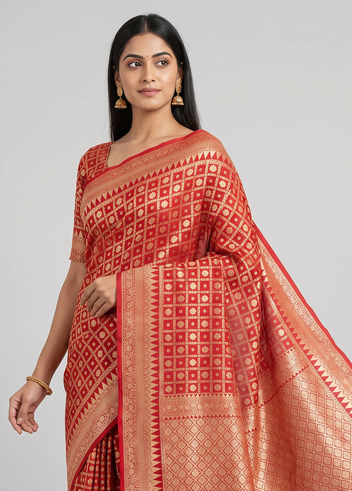 Red Handloom Pure Georgette Saree With Blouse Piece