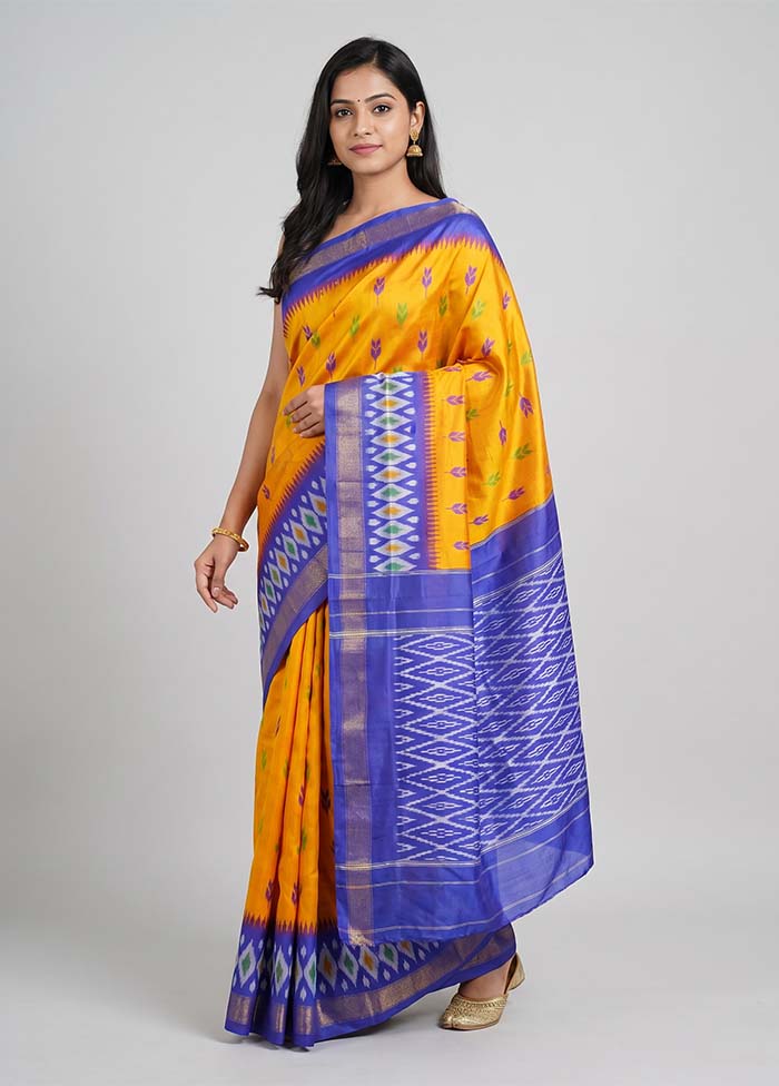 Orange Handloom Ikkat Pure Silk Saree With Blouse Piece