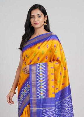 Orange Handloom Ikkat Pure Silk Saree With Blouse Piece