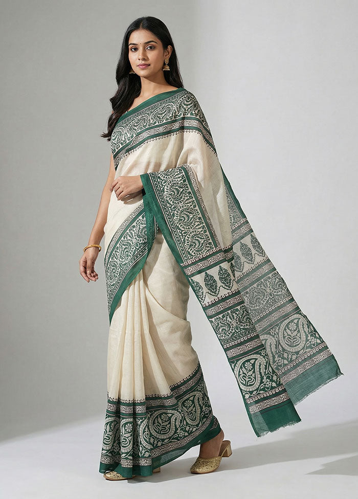 Cream Printed Silk Saree Without Blouse Piece