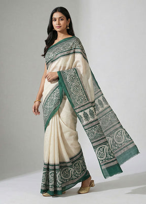 Cream Printed Silk Saree Without Blouse Piece