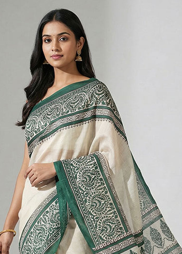 Cream Printed Silk Saree Without Blouse Piece