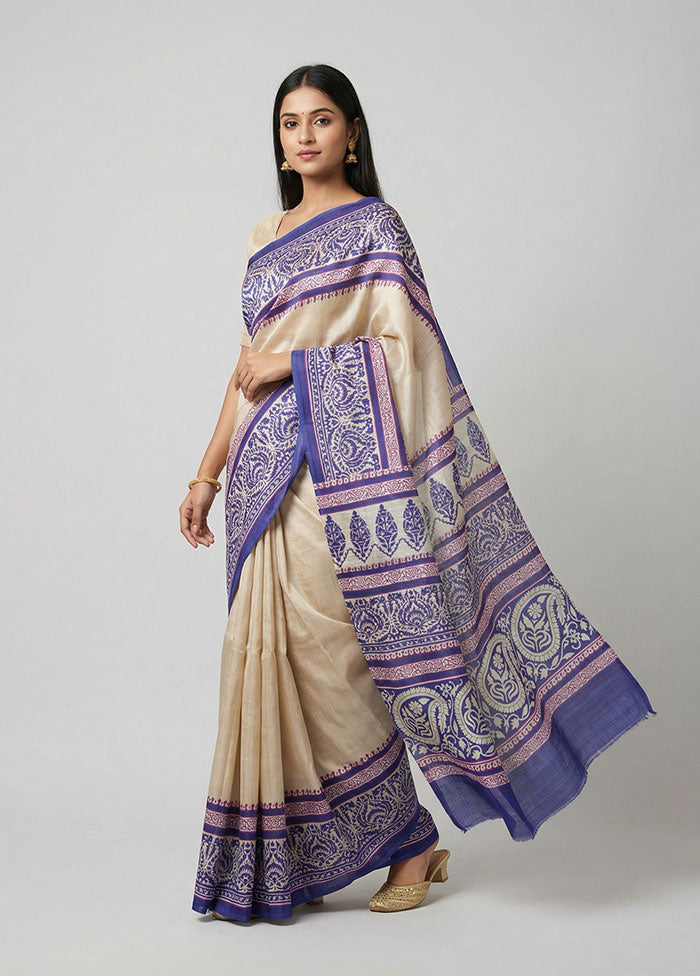 Cream Printed Silk Saree Without Blouse Piece