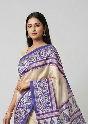 Cream Printed Silk Saree Without Blouse Piece