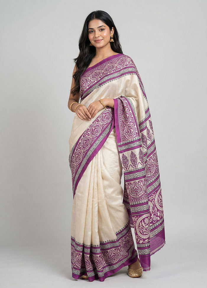 Cream Printed Silk Saree Without Blouse Piece