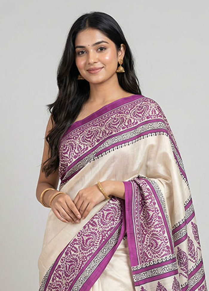 Cream Printed Silk Saree Without Blouse Piece